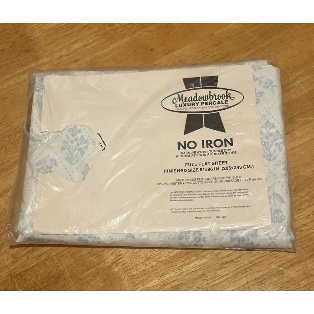 Vintage Meadowbrook Luxury Full Flat Sheet Light Blue Floral Diamond‎ New 81x96